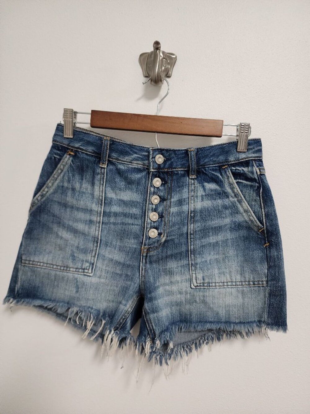 We the Free Jesse blue denim carpenter button fly frayed shorts 26
